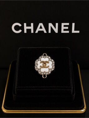 CHANEL stamped Gold & White Crystal CC Flower Connector Charm